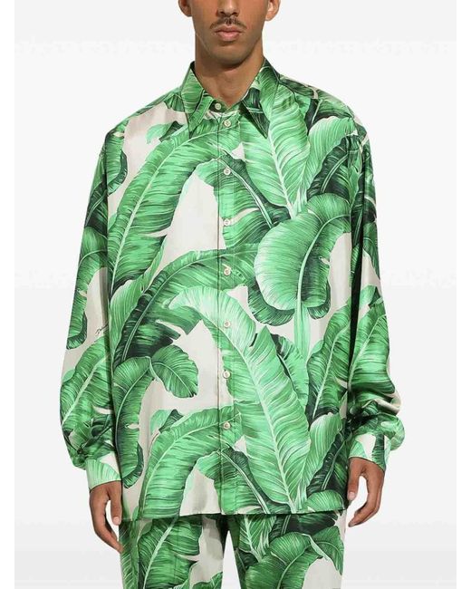 Dolce & Gabbana Green Oversize Silk Shirt With Banana-Tree for men
