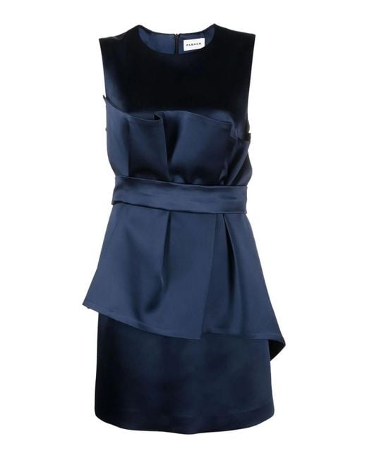 P.A.R.O.S.H. Blue Satin Pleated Belted Sleeveless Mini Dress