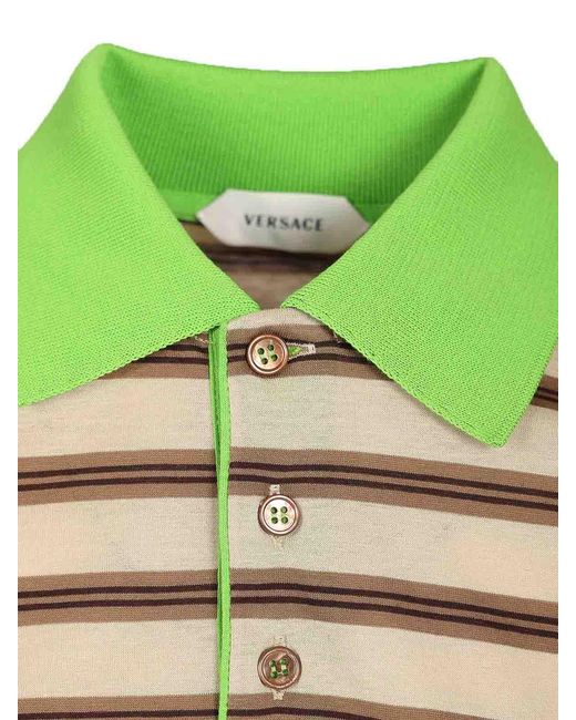 Versace Green Striped Cotton Polo Shirt With Inlay for men