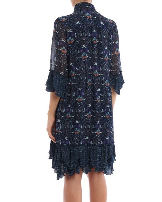 See By Chloé Blue Russian Folk Print Flounced Dress