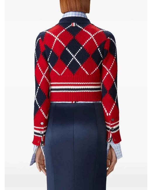 Thom Browne Red Argyle Intarsia V-Neck Cardigan