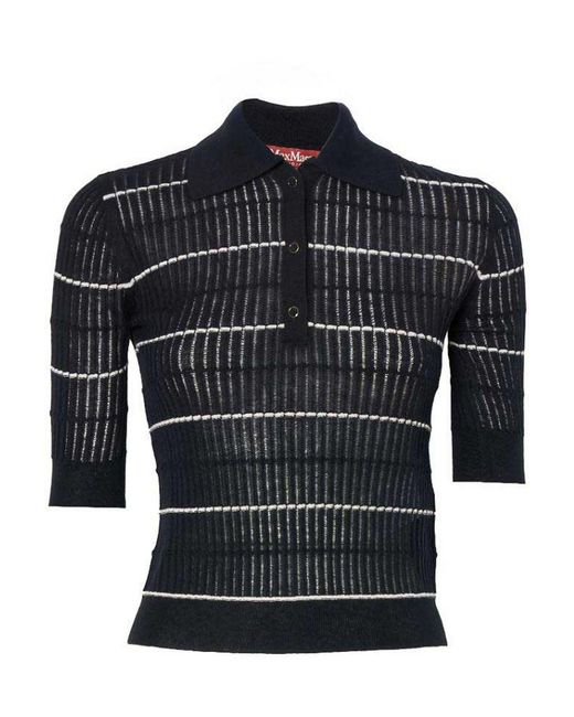 Max Mara Black Ribbed Wool And Silk Knit Polo Shirt