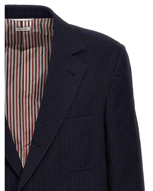 Thom Browne Blue Single-Breasted Seersucker Blazer for men