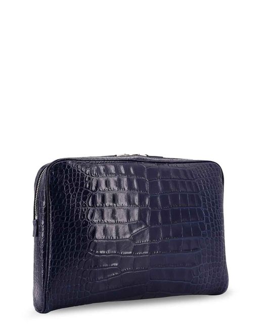 Tom Ford Blue Leather Laptop Pouch With Croco Print for men