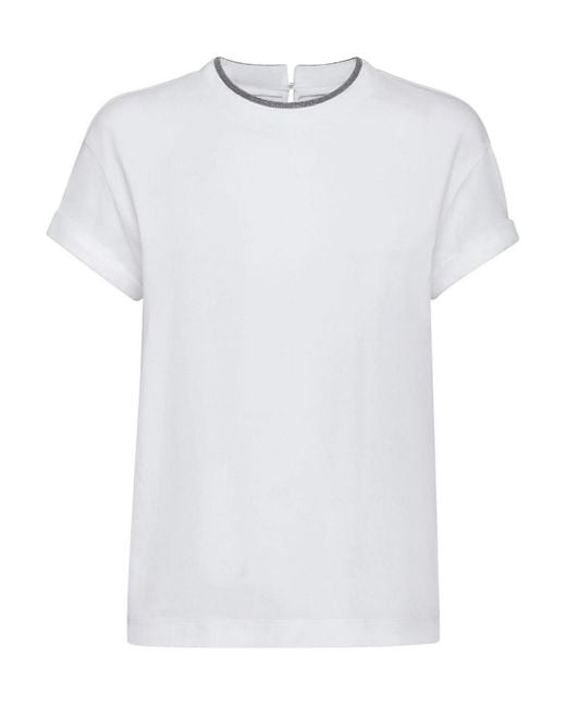 Brunello Cucinelli Women's White T-Shirt With Contrast Hem