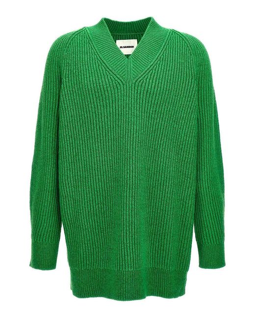 Jil Sander Green V-Neck Oversized Cotton Blend Sweater for men