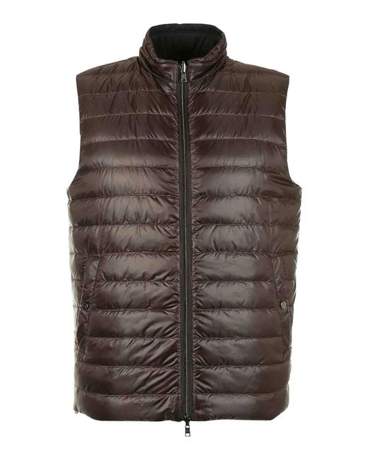 Herno Brown Reversible Sleeveless Jacket High Neck Pockets for men