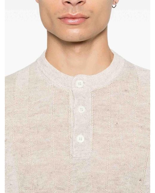Brunello Cucinelli White Textured Rib Knit T-Shirt With Henley Collar for men
