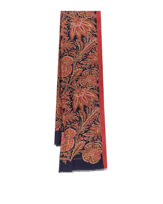 Etro Red Cashmere And Silk Scarf With Floral Motif for men