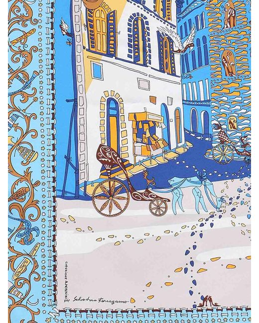 Ferragamo Blue Printed Silk Scarf