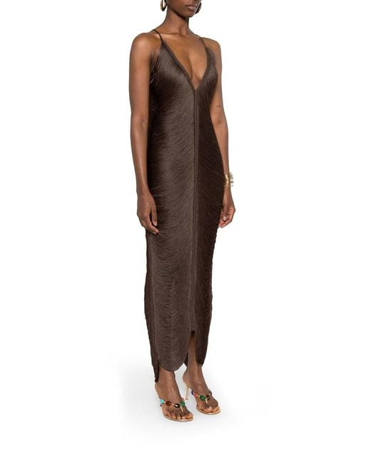Bless Brown Long Sol Dress With Fringes And V-Neck