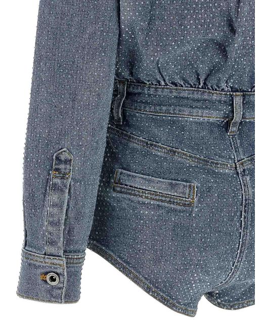 Self-Portrait Blue Rhinestone Denim Jumpsuit