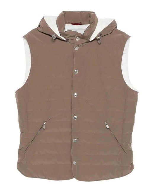 Brunello Cucinelli Brown Hooded Sleeveless Jacket Quilted Texture Pockets for men