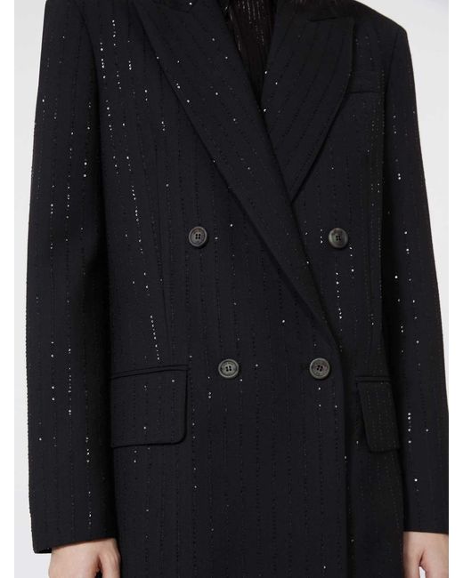 Max Mara Black Double-Breasted Pinstriped Wool Blazer