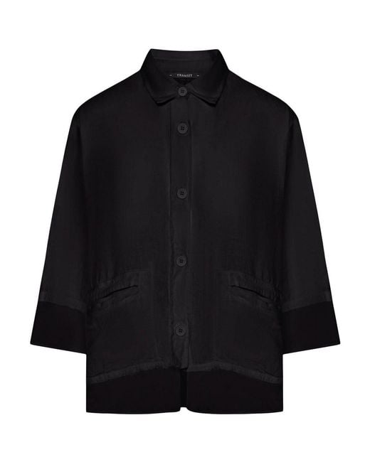 Transit Black 4 Sleeve Linen Shirt With Georgette Inserts