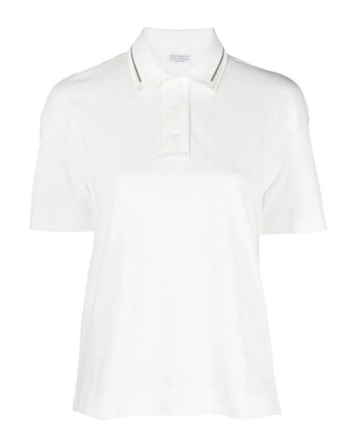 Brunello Cucinelli White Polo Shirt With Shiny Collar Trim