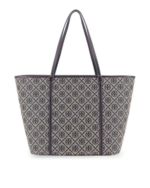 Tory Burch Gray T Monogram Zippered Shopping Bag