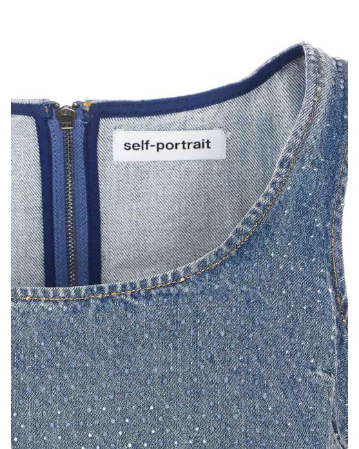 Self-Portrait Blue Rhinestone Denim Crop Top