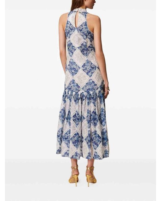 Twinset Blue Floral Print Long Dress With Pleated Details