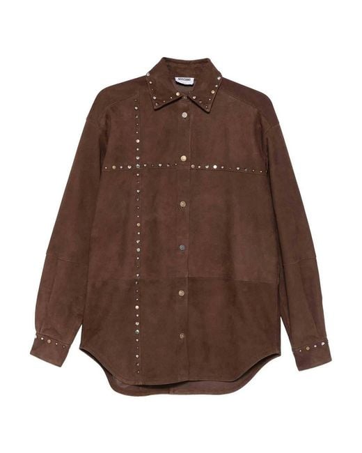 Moschino Brown Suede Shirt Pointed Collar Long Studded Sleeves