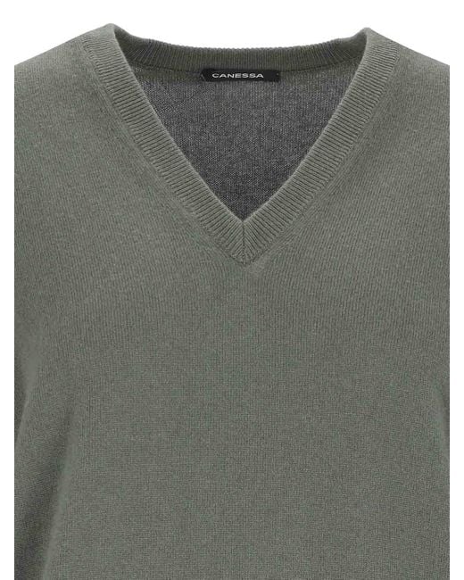 Canessa Gray Ribbed V-Neck Cashmere Sweater