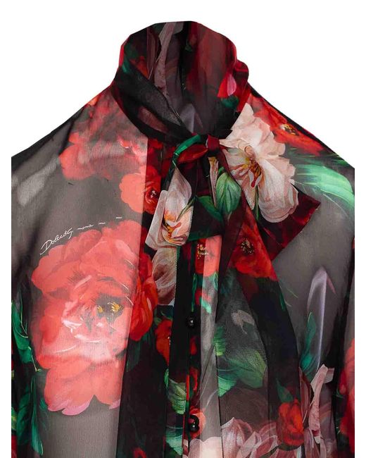 Dolce & Gabbana Red Chiffon Bow Floral Print Shirt
