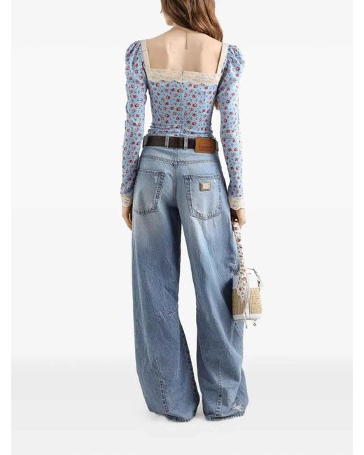 Dolce & Gabbana Blue Silk-Blend Rose Print Top