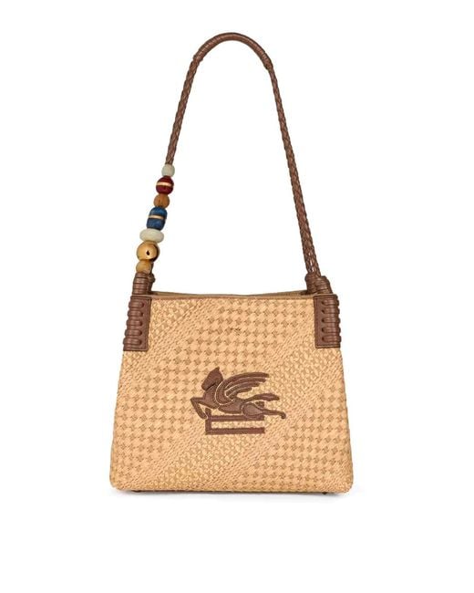Etro White Libra Small Raffia Shopping Bag