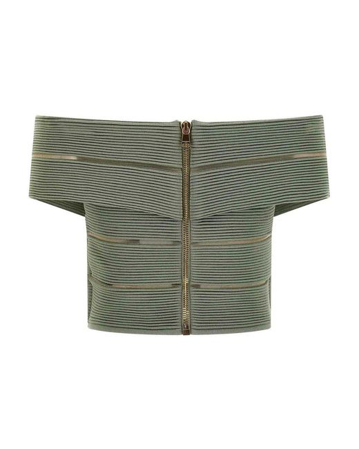 Balmain Green Off-The-Shoulder Crop Top