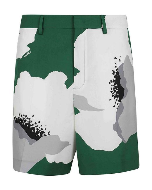 Valentino Garavani Green Bermuda Shorts With Flower Portrait Print for men