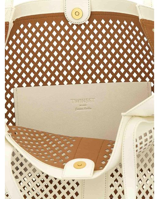 Twinset White Openwork Leather Shopping Bag
