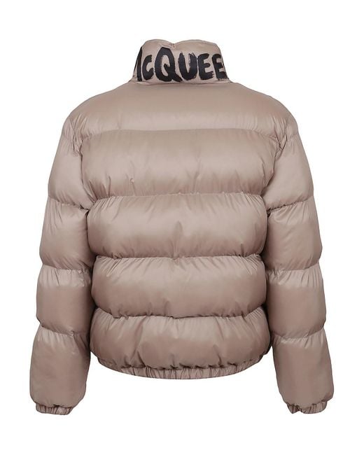 McQueen Gray Graffiti-Printed Collar Quilted Puffer Jacket for men