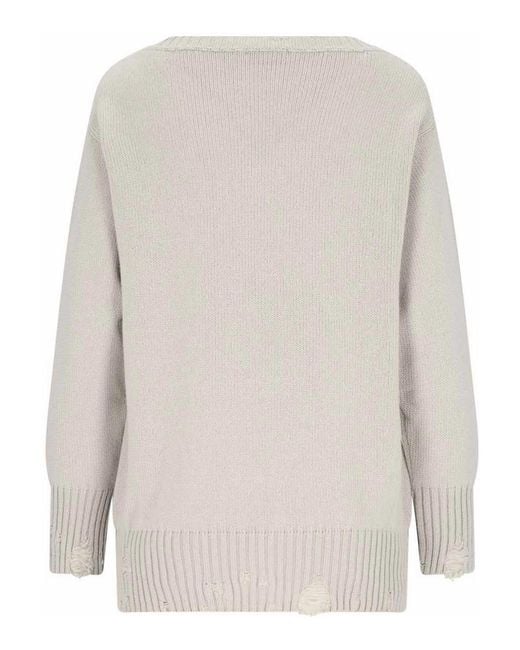 Canessa Natural Distressed Cashmere V-Neck Sweater