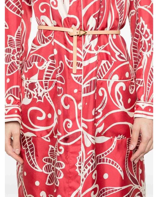 F.R.S For Restless Sleepers Red Printed Silk Long Shirtdress