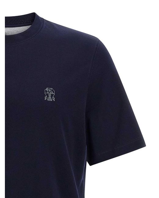 Brunello Cucinelli Blue Logo Print T-Shirt for men