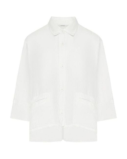 Transit White 3/4 Sleeve Linen Shirt With Georgette Inserts