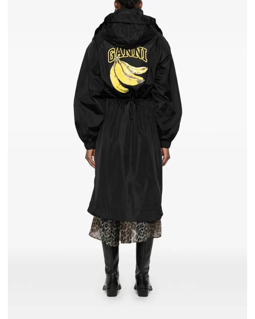 Ganni Black Flyweight Nylon Long Parka Print