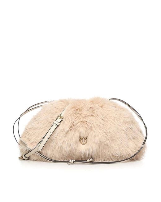 Pinko Natural Maxi Faux Fur Clutch With Logo