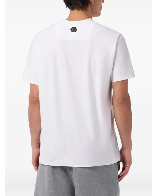 Philipp Plein White Round Neck T-Shirt Jacquard Hexagon Line for men