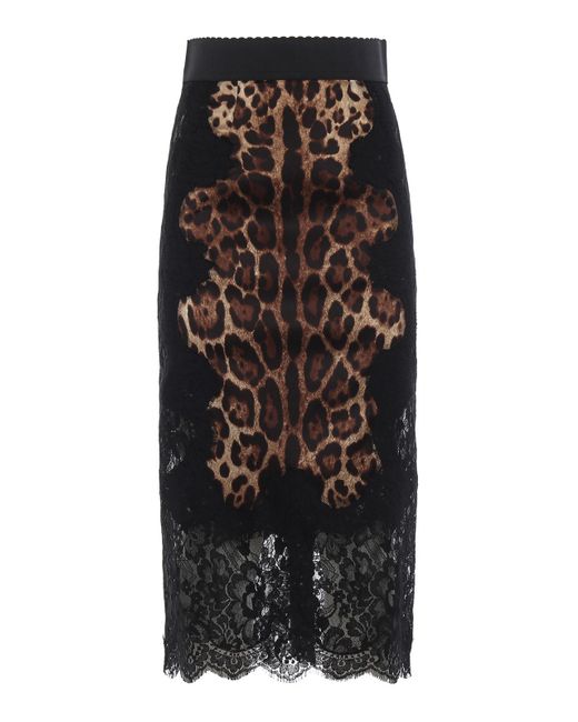 Dolce & Gabbana Black Leo Print Silk Satin And Lace Pencil Skirt