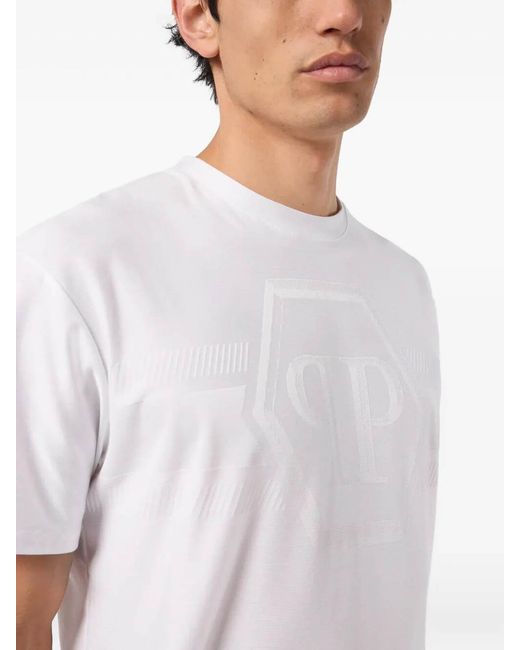 Philipp Plein White Round Neck T-Shirt Jacquard Hexagon Line for men