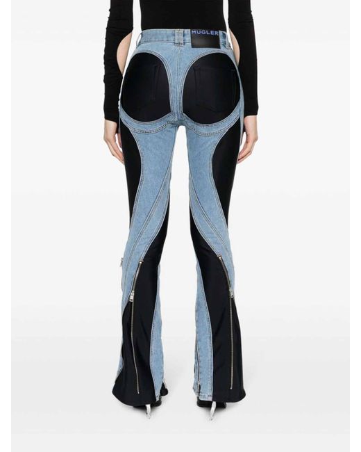 Mugler Blue Slited Bi-material Spiral Jeans