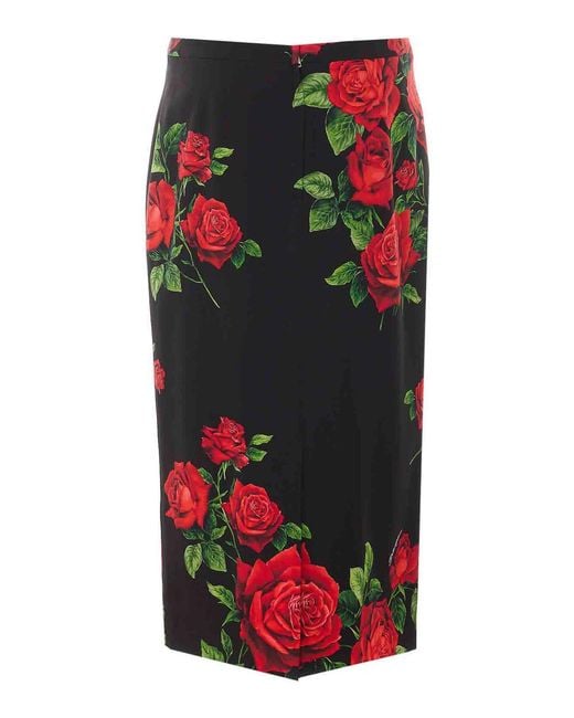 Dolce & Gabbana Red Roses Print Midi Skirt