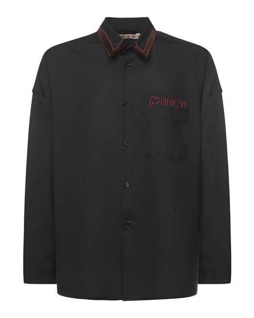 Marni Black Wool Shirt With Logo for men