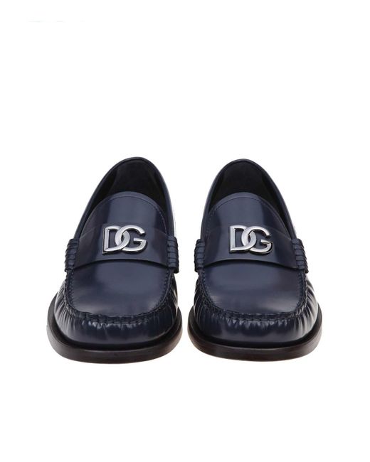 Dolce & Gabbana Blue Leather Moccasin With Dg Logo for men