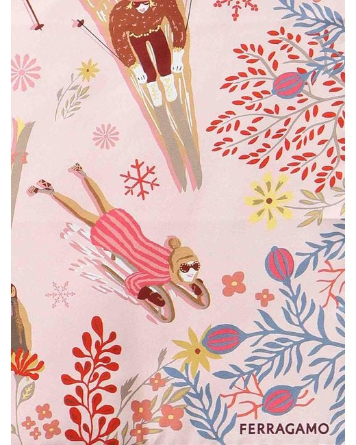 Ferragamo Pink Printed Silk Scarf