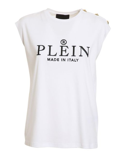 Philipp Plein White Logo Embroidery Tank Top With Buttons