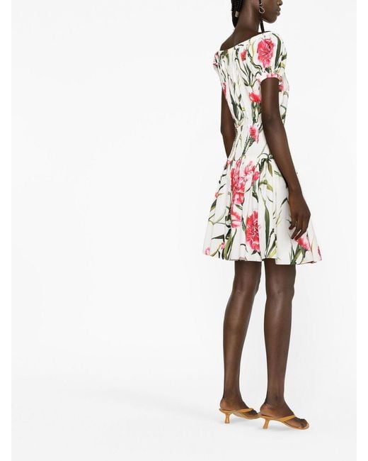 Dolce & Gabbana White Carnation-Print Flared Minidress