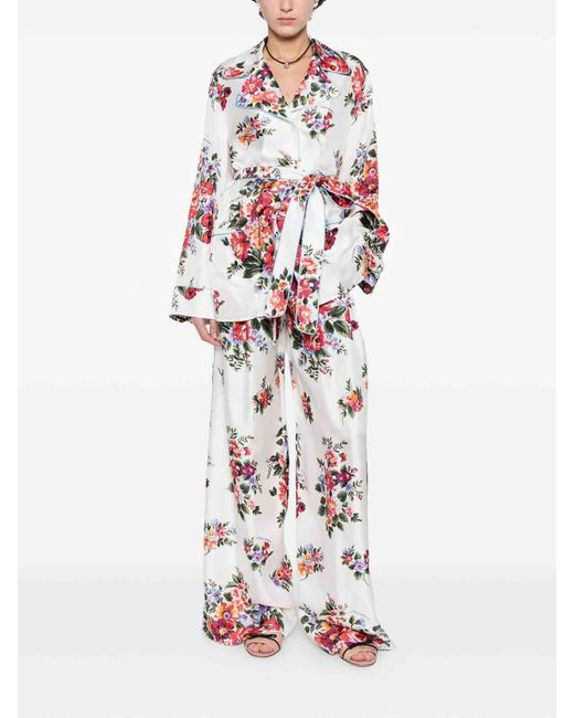 Dolce & Gabbana White Flower Print Silk Shirt