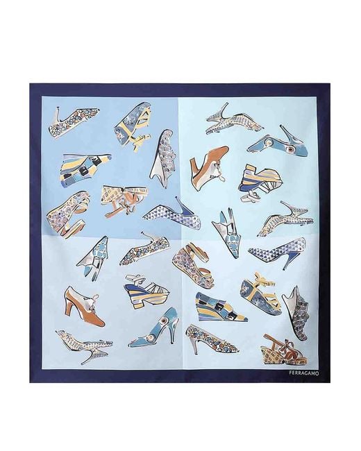 Ferragamo Blue Printed Silk Scarf